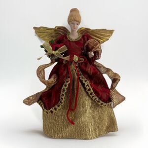 VINTAGE ANGEL CERAMIC HEAD CHRISTMAS TREE TOPPER ROBES Gold Wings 12”